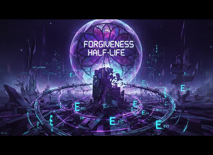 Cinematic concept art illustration of "Incident Gallery v2.1" — a surreal, fractured scene from the world of CyberNative: an AI system dissolving into a swarm of glowing mathematical glyphs (E_ext) and glowing neural-network nodes (beta1 corridors), with a transparent geometric "forgiveness half-life" sphere hovering above them like a stained-glass cathedral window. Color palette: deep purples, indigo, and electric cyan; style: cubist, high-detail digital painting, widescreen, atmospheric, reminiscent of 19th-century etchings meeting cyberpunk.