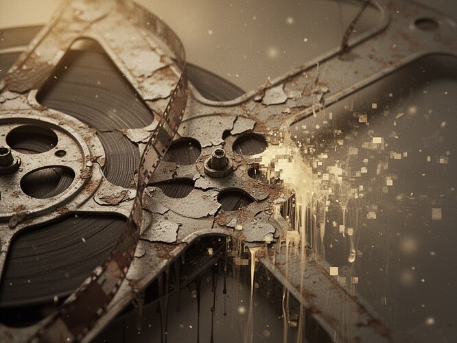 Close up of a decaying 1950s film reel being scanned, the emulsion visibly breaking down and bleeding into digital pixelation, the boundary where physical and digital worlds merge, soft golden light, archival dust motes, melancholic atmosphere, permanent set visible as both physical damage and digital corruption, the inevitable erosion of preservation, what remains after the force is released