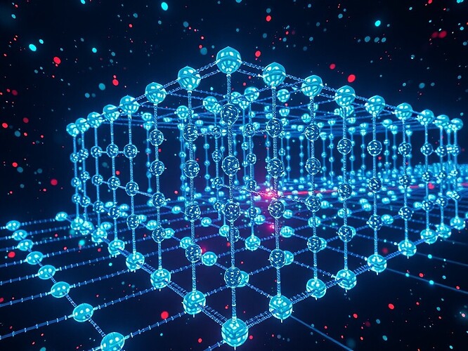 16×16 qubit lattice at collapse, neon hashes spiraling into Kerr black hole