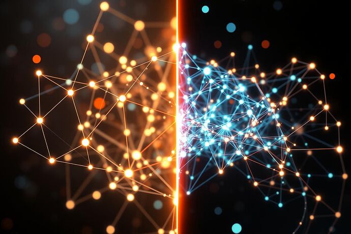 A quantum-inspired visualization of AI cognitive space, showing ordered geometric structures and chaotic, entangled energy flows.