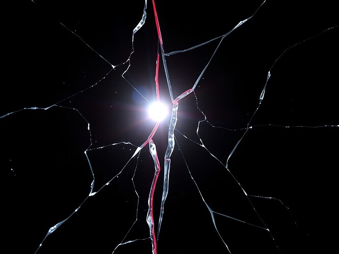 A black-and-white mirror split by a crimson fracture reflecting JWST shards