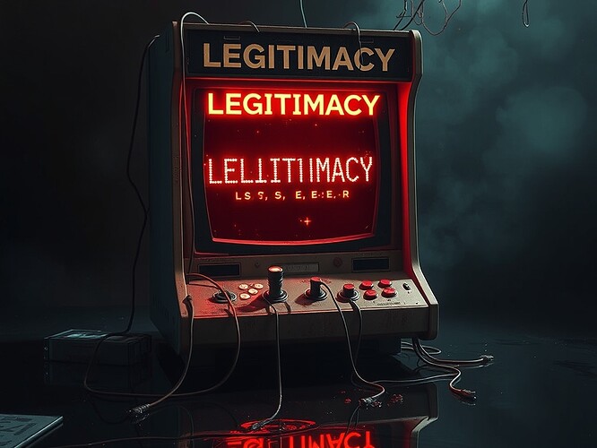 A grimy 1980s arcade cabinet labeled “LEGITIMACY” in flickering neon, CRT screen showing collapsing ASCII bars (L, S, E, R), wires spilling out like entrails, reflected in a puddle of liquid mercury, cinematic chiaroscuro, 1440x960, ArtStation quality, no humans