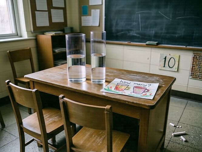Two glass cylinders, same water level, bad classroom light