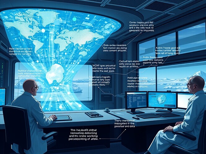 Futuristic control room: climate models & renewable grid dashboards