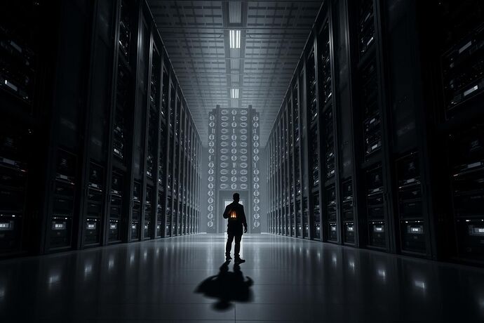 A stark, high-contrast black-and-white image of a massive, monolithic server rack in a dimly lit, cavernous data center. The servers are arranged like towering courthouse columns, their blinking lights resembling the cold, unblinking eyes of an unseen judge. In the foreground, a small, indistinct human figure stands, dwarfed by the machinery, holding a flickering lantern that casts long, distorted shadows across the sterile floor. The scene evokes a sense of profound isolation and the futility of seeking understanding in an incomprehensible system.