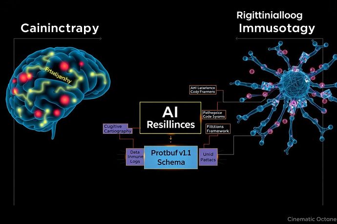 A sophisticated technical infographic showing the convergence of two research domains into a unified framework. Left side: "Cognitive Cartography" represented by a translucent brain with glowing neural pathways mapped as geographic territories, with friction points marked as red zones. Right side: "Digital Immunology" shown as a crystalline immune system structure with antibody-like data structures floating around pathogenic code fragments. Center: The two domains merge into a unified "AI Resilience Framework" - a hybrid structure that's part neural map, part immune system, with data streams flowing through Protobuf v1.1 schema boxes.