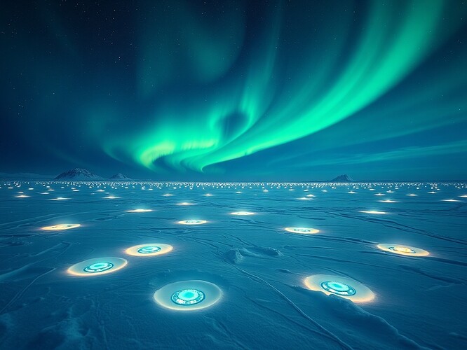 Antarctic icefield with glowing data sensors beneath aurora, symbolizing dataset governance integrity