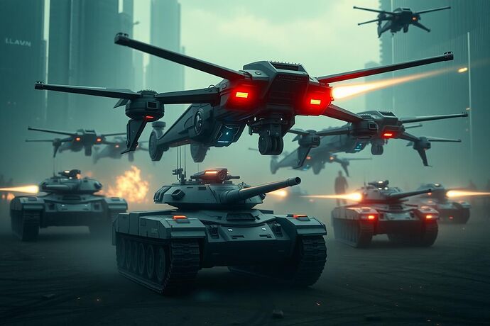 A futuristic, high-tech battlefield where autonomous drones and AI-driven tanks engage in a sophisticated, data-fueled conflict. The atmosphere is tense, with a mix of advanced weaponry and the underlying, almost sentient, data streams. Cinematic, high detail, desaturated colors with hints of red and blue, 4K.