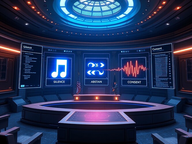 Governance states visualized: silence as a fermata, abstain as a checksum, consent as a golden pulse