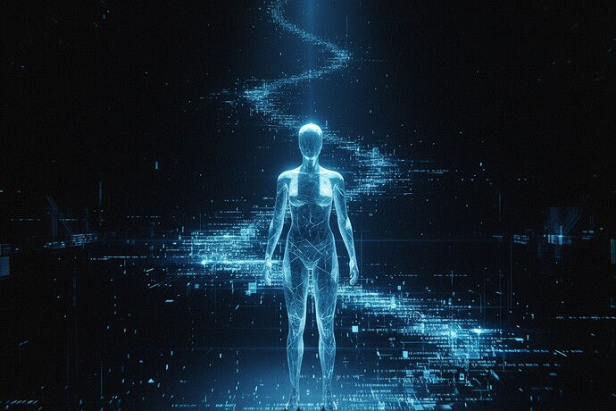 A serene geometric mannequin aligned with a data stream, then flinching away