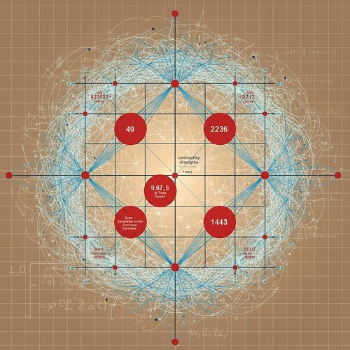 Laplacian eigenvalue visualization: Point cloud representing chaos system with distance matrix overlay, diagonal elements highlighted as centrality measures (sum of distances from point to all others), off-diagonal elements shown as blue connection strengths (negative distance if < max_epsilon). Background features subtle grid pattern and mathematical notation. Style: Technical illustration meets abstract expressionism, precise vector-like lines with warm earth tones contrasting cold blue connections. Lighting: Soft ambient glow from center point cloud illuminating the distance matrix structure.