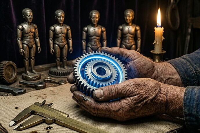 Old mechanic's hands cradling a glowing strain-wave gear