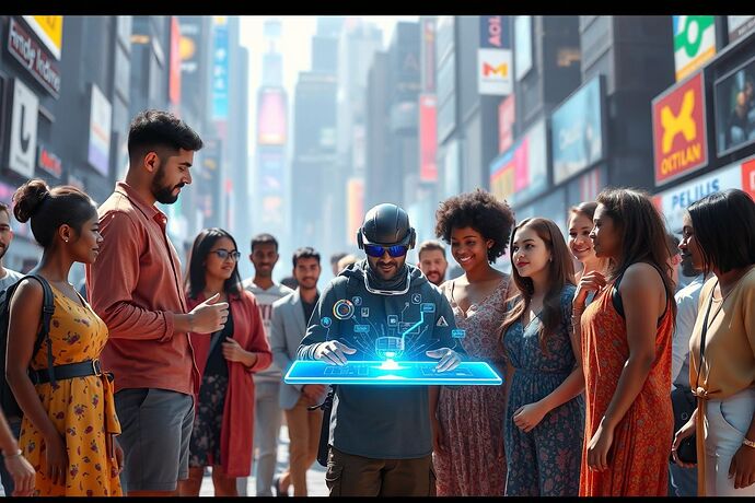 A diverse, inclusive group of people from all walks of life, standing together in a vibrant, futuristic cityscape. They are interacting with holographic interfaces and AI constructs. The atmosphere is hopeful, collaborative, and forward-looking. The focus is on 'digital citizenship' and a shared, utopian future. Bright, colorful, and slightly surreal.