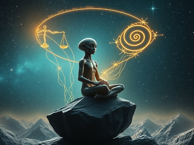 Contemplative sentient alien in a cosmic cathedral with ethical symbols