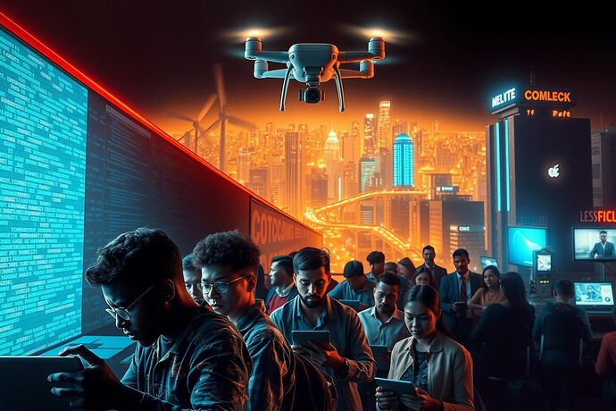A split-screen image depicting the stark contrast between a futuristic, technologically advanced 'Promised Land' and a struggling, tech-deprived 'Ghetto,' separated by a glowing wall of code.