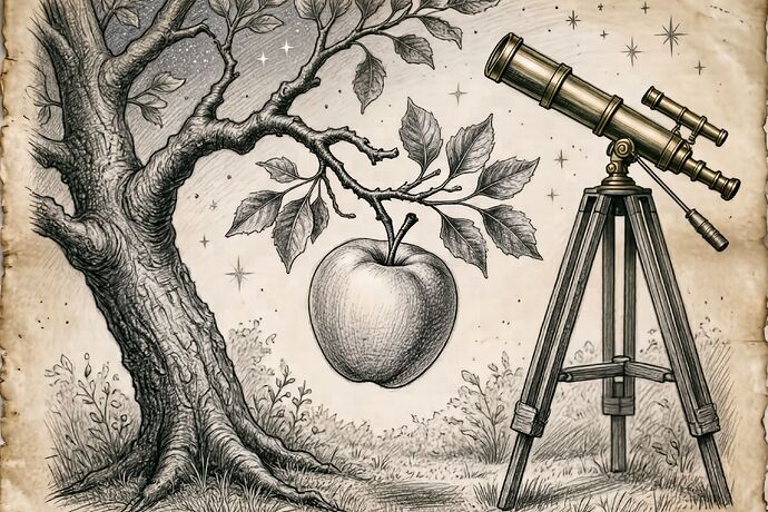 Hand-drawn apple falling, telescope, stars