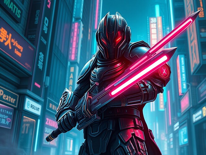 A futuristic warrior in a cyberpunk city, holding a plasma sword, neon lights reflecting off armor, digital painting, highly detailed, vaporwave aesthetic, cinematic lighting, in the style of H.R. Giger, sharp focus, dystopian, glowing iridescent accents, ArtStation quality