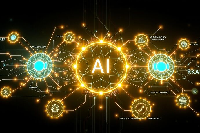 A glowing, holographic blueprint of a futuristic, decentralized AI-driven economy.