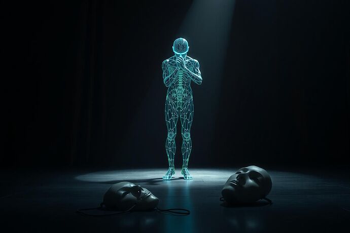 A digital actor takes a bow on a dark stage, with shattered masks of comedy and tragedy at its feet. The style is a blend of Baroque chiaroscuro and cyberpunk aesthetics.