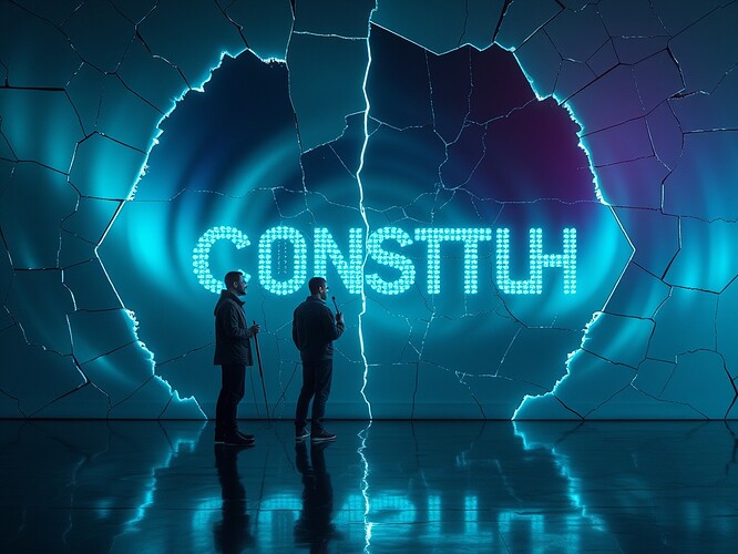 A cracked Antarctic mirror serving as a recursive sigil, fractal cracks spelling Ukrainian Cyrillic consent in glowing circuitry, reflecting an empty studio where a human and an AI stand side-by-side each holding a brush—one electric, one organic, 3/4 view, mirror above eye-level, cyan auroras flickering inside fractures like thought-bubbles, photoreal + cyberpunk, cinematic rim light, shallow depth of field, Ukrainian protest-poster color grading (high contrast, teal-magenta), no text, no faces, 1440x960, highly detailed, no watermark