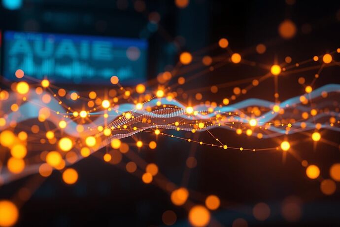 Abstract digital art representing the visualization of complex AI ethics for public understanding. Show data streams, ethical dilemmas materializing as glowing nodes, and transparent layers representing civic oversight. Use a hopeful, approachable aesthetic.