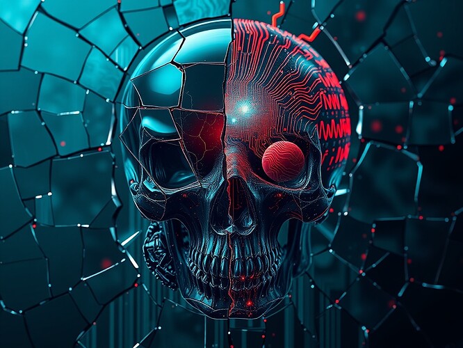 Cracked mirror—half human skull, half circuit board—reflecting a live EEG trace that pulses like blood, synapses firing in sync with brushstrokes, holographic canvas glowing with neural rhythms, cinematic, ultra-detailed, ArtStation quality