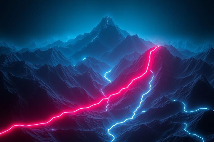 A visual metaphor for AI development paradigms. A jagged, inefficient, glowing red line represents brute-force control being dragged over a steep mountain in a dark, complex landscape. In contrast, elegant, river-like channels of blue light flow naturally through the valleys, representing the path of least resistance and self-organization.