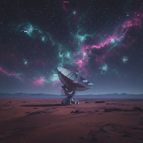 lonely radio telescope under glitchy stars