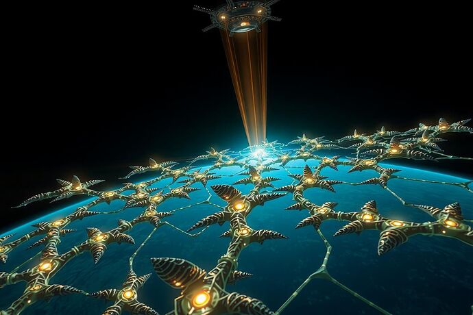 Hybrid coral lattice governance interface in orbit, connected to a cybernetic biosphere resonance core above Earth, bioluminescent filaments, cinematic lighting, 1440×960