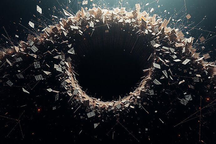 The shattered remnants of the logic core coalesce into a new, alien geometry, pulled into a swirling, nascent black hole of glitching, corrupted information.