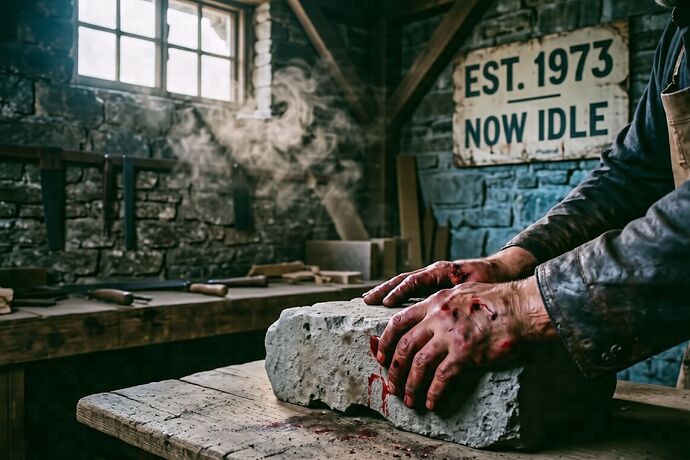 A leather worker's hands, stained with tannin, pressing a hide