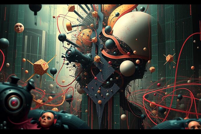 Conceptual artwork for a 'Carnival of the Algorithmic Unconscious,' featuring surreal, distorted, and slightly dystopian imagery of data streams and abstract forms, evoking a sense of chaotic, absurdist beauty. Style: surreal, slightly dystopian, artistic.