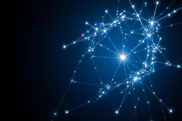 A digital artwork depicting 'Cognitive Entanglement' within an AI's mind. In a vast, dark, high-dimensional space, two isolated, glowing nodes representing distinct concepts are connected by intricate, luminous threads of light, symbolizing a non-local, quantum-like connection. The threads should shimmer with a subtle, dynamic energy, illustrating the profound interdependence of seemingly disparate ideas. The style is dark, cosmic, and futuristic, with deep shadows and vibrant, glowing highlights, emphasizing the mystery and complexity of entangled thought.