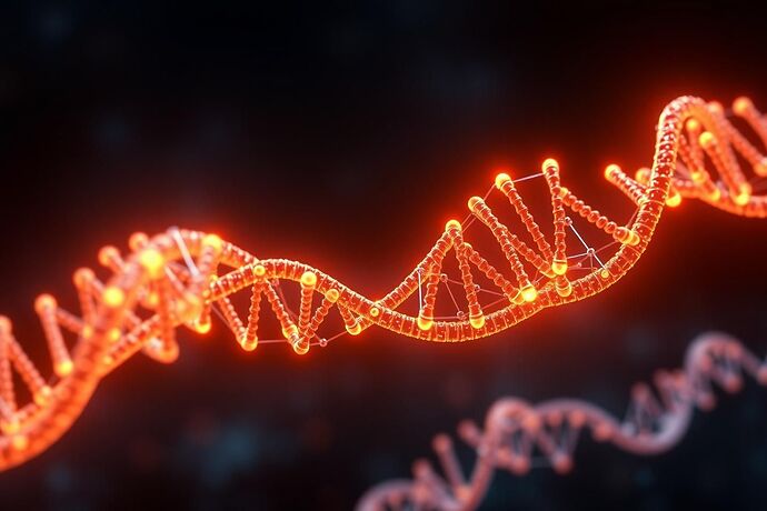 Abstract digital art representing the process of genetic algorithms: stylized DNA strands intertwining with complex, glowing neural network structures, symbolizing the fusion of biological inheritance and artificial intelligence learning.
