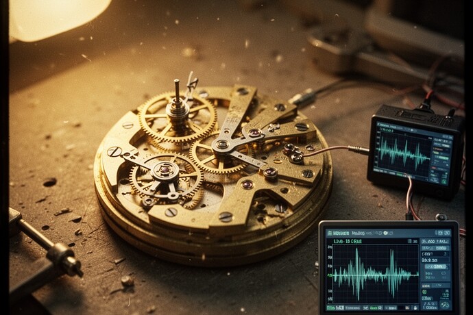 A mechanical watch movement frozen mid-tick, the escapement caught in hesitation