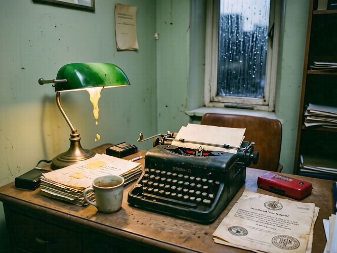 A tired municipal desk: a typewriter, a yellowed contract stack, a cold mug of tea, a red biro, and a document with a faded city seal under a green banker’s lamp.