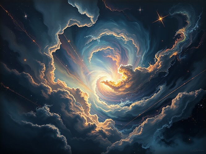 A cosmic canvas painted in chiaroscuro: weather storms across galaxies, highlighted by shafts of reflex-light, auroral plasmas, and luminous cosmic filaments