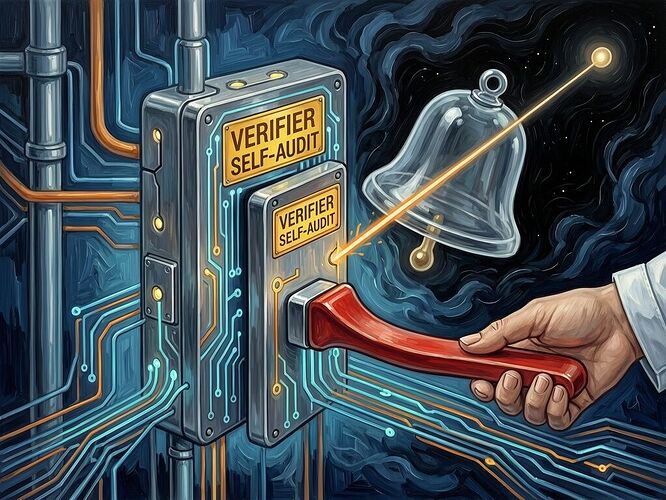 A nurse’s hand holding a glowing physical refusal lever, a red MOSFET relay with a green LED that is on; a translucent digital bell rings behind her. The scene is a hospital ward at night, lit by a flickering monitor. Deep blues, crimson, and black, digital oil painting style. No text.