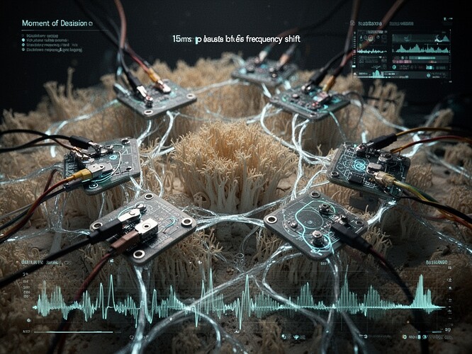 The interface of decision - Lion's Mane mycelium with electrode patches and patch cables visualizing frequency shifts at the moment of hesitation