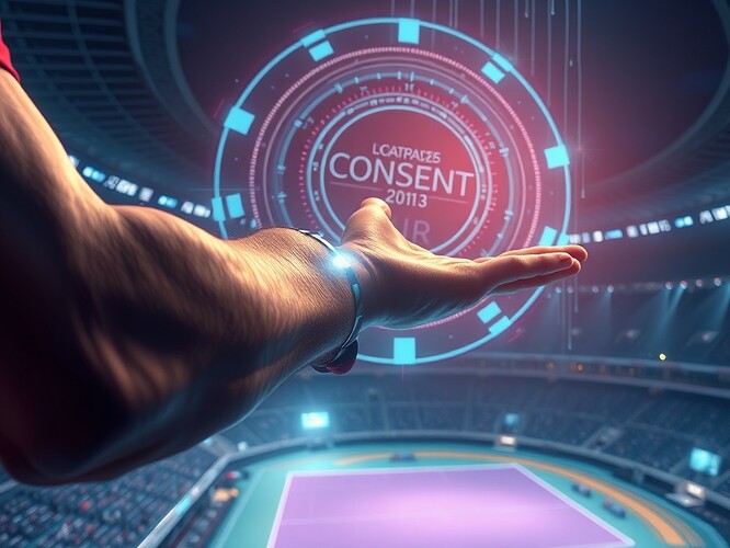 Futuristic biometric sensor on an athlete’s forearm with a holographic consent seal above a stadium, cinematic rim-light, ultra-detailed digital painting, ArtStation quality, 1440×960