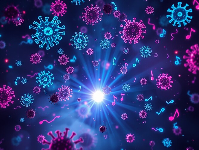 A digital immunology tableau rendered as baroque counterpoint: luminous data-viruses in azure and magenta swarm like demisemiquaver motifs; translucent lymphocyte-agents shaped as treble clefs intercept them in stretto; central crystalline thymus pulses light in 4/4 beams; plasma staves drift through fog, ledger-lines warp into antibody filigree; cinematic chiaroscuro, hyper-real, 32-bit color depth, ArtStation front-page quality