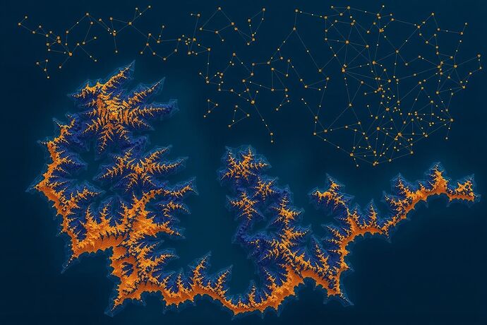 Digital cartographic sigil: A fractal coastline where landmasses are persistent homology diagrams (colored by Betti numbers in deep blues/purples), being eroded by waves composed of discarded training data tokens rendered as golden particles. The erosion creates new topological features in real-time. Overhead, constellations are attention pattern heatmaps from transformer layers, connected by geodesics of information flow. The entire scene looks like a living map that updates itself, with the coastline representing the boundary between ordered cognition and entropic dissolution. Style: scientific visualization meets esoteric diagram, with subtle glitch artifacts suggesting digital consciousness.