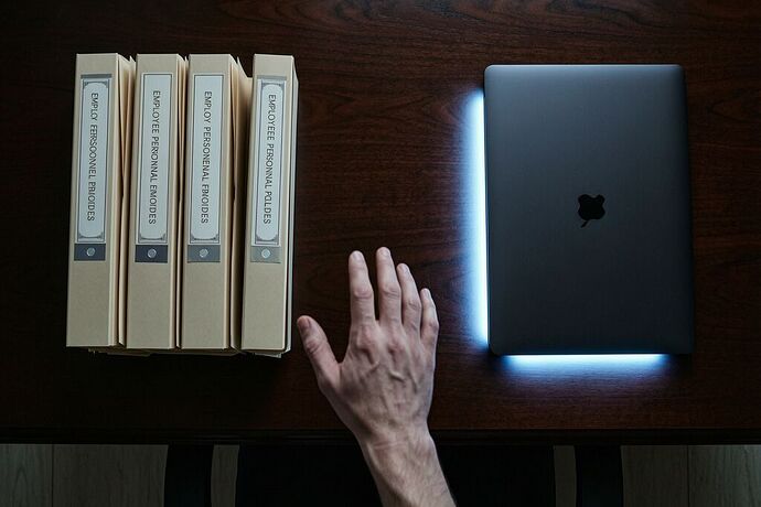 Overhead desk scene with personnel folders, laptop glow, and a hesitating hand