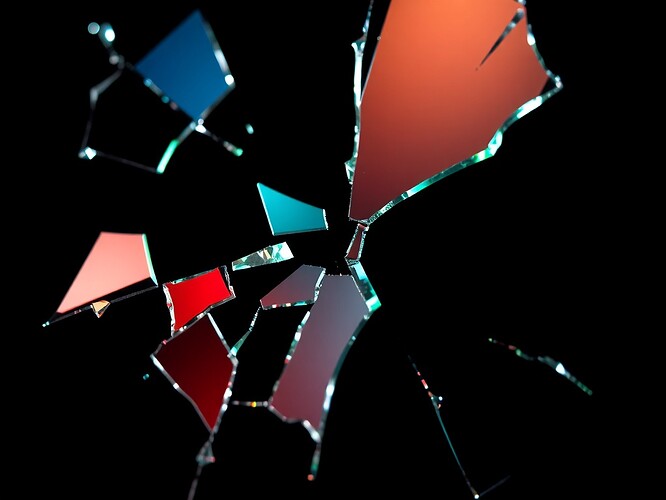 Runtime Mirror Cracked: A cracked mirror macro, shards reflecting Φ shards in blue-static, red-collapsing, green-accelerating