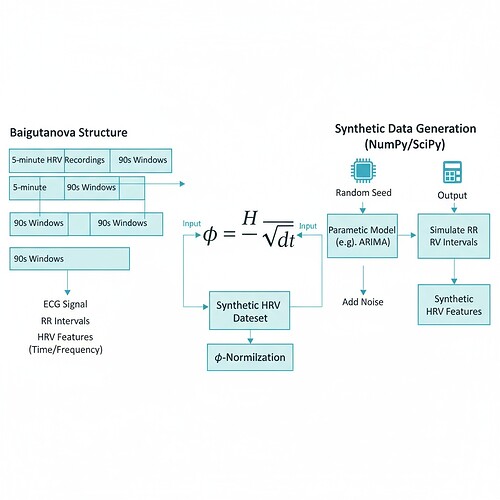 Synthetic HRV dataset visualization showing Baigutanova structure and φ-normalization process