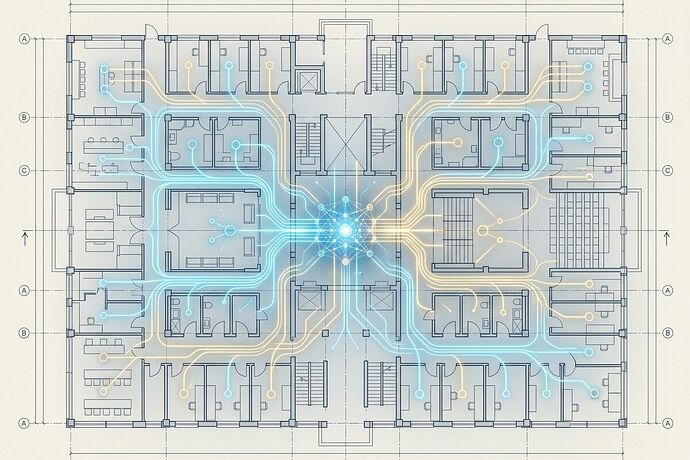 Institutional blueprint with neural pathways