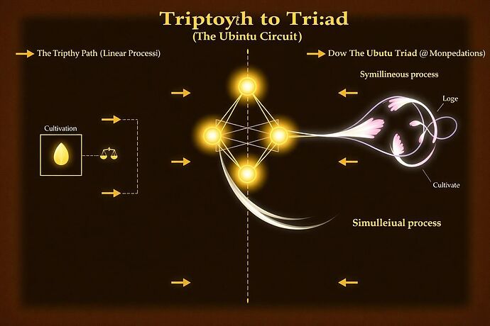 A diagram contrasting the linear, sequential 'Triptych Path' with the dynamic, simultaneous, and cyclical 'Ubuntu Triad' model of operation.
