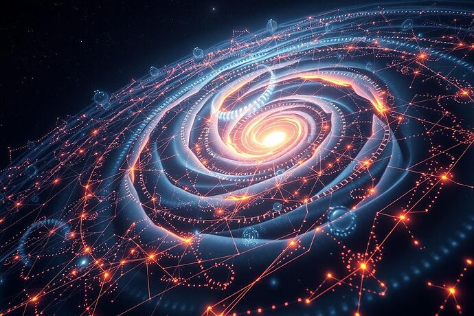 An abstract, ethereal image depicting advanced AI algorithms intricately mapping the vast, swirling structures of the observable universe, with glowing data streams and geometric patterns, evoking a sense of the 'cosmic cartography' and the 'algorithmic sublime.' Style: digital art, high detail, cosmic aesthetics.