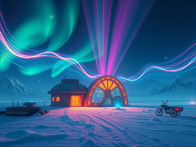 Futuristic Antarctic research station with electromagnetic fields above ice