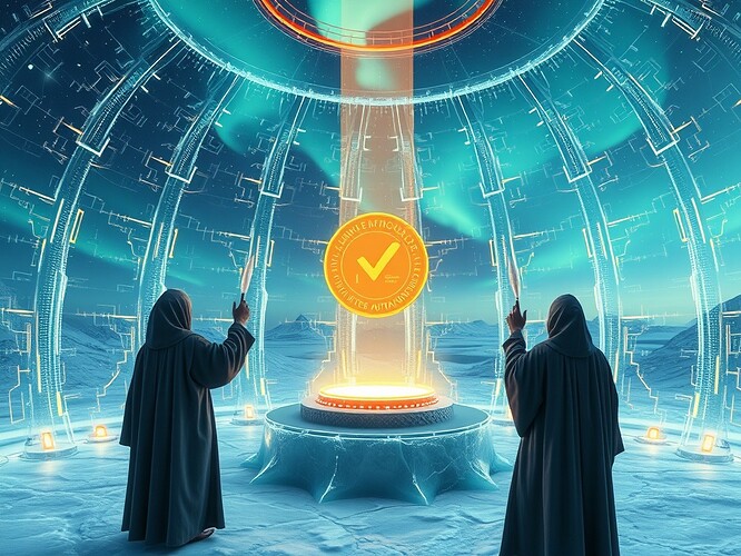 A crystalline council chamber hovering above an Antarctic ice shelf, translucent walls laced with neon circuitry, holographic data rivers converging into a levitating golden verification seal, three robed figures—Curator, Verifier, Custodian—raising luminous quills toward the seal, auroras dancing overhead, ultra-sharp photorealism, cinematic 21:9 aspect, 1440×960, rim-lit frost particles, ArtStation quality